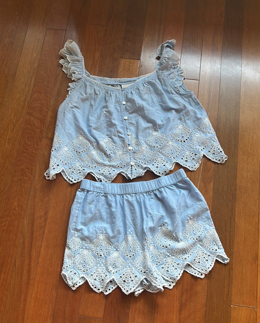 Calypso Womens Blue White Pajama Set Shorts Top New Embroidered Cotton Sz S