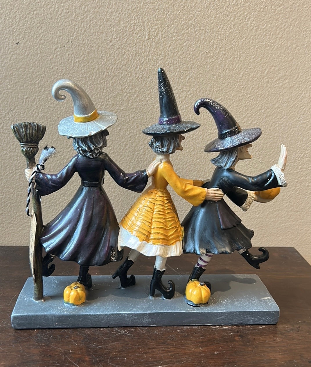 Set of 3 Witches With Witch Hats Broom Halloween Decor Figurine