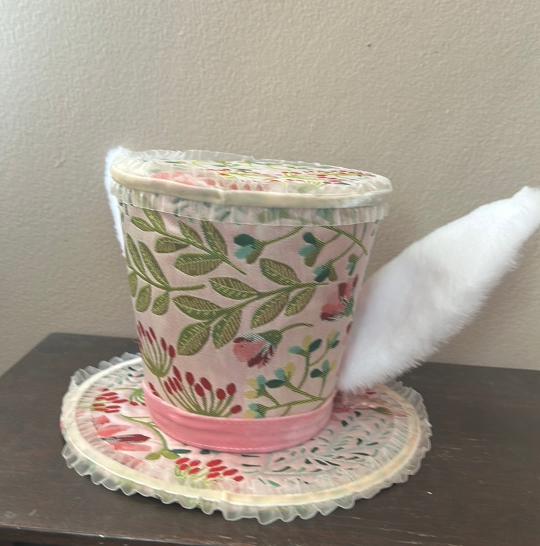 New Madhatter Theme Fabric Decorative Hat With Bunny Ears Easter 6 3/4” Tall