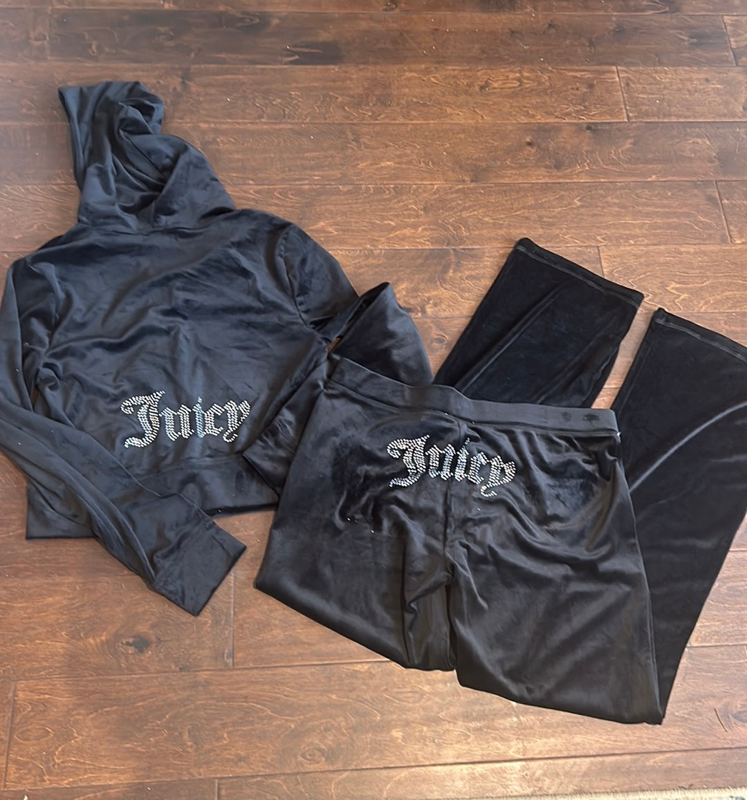 NWT JUICY COUTURE Velour Bling Tracksuit Hoodie/Pants Black Sz L