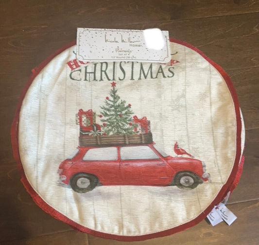 Nicole Miller Set Of 4 Christmas Tree Placemats Red Truck 15” Round New