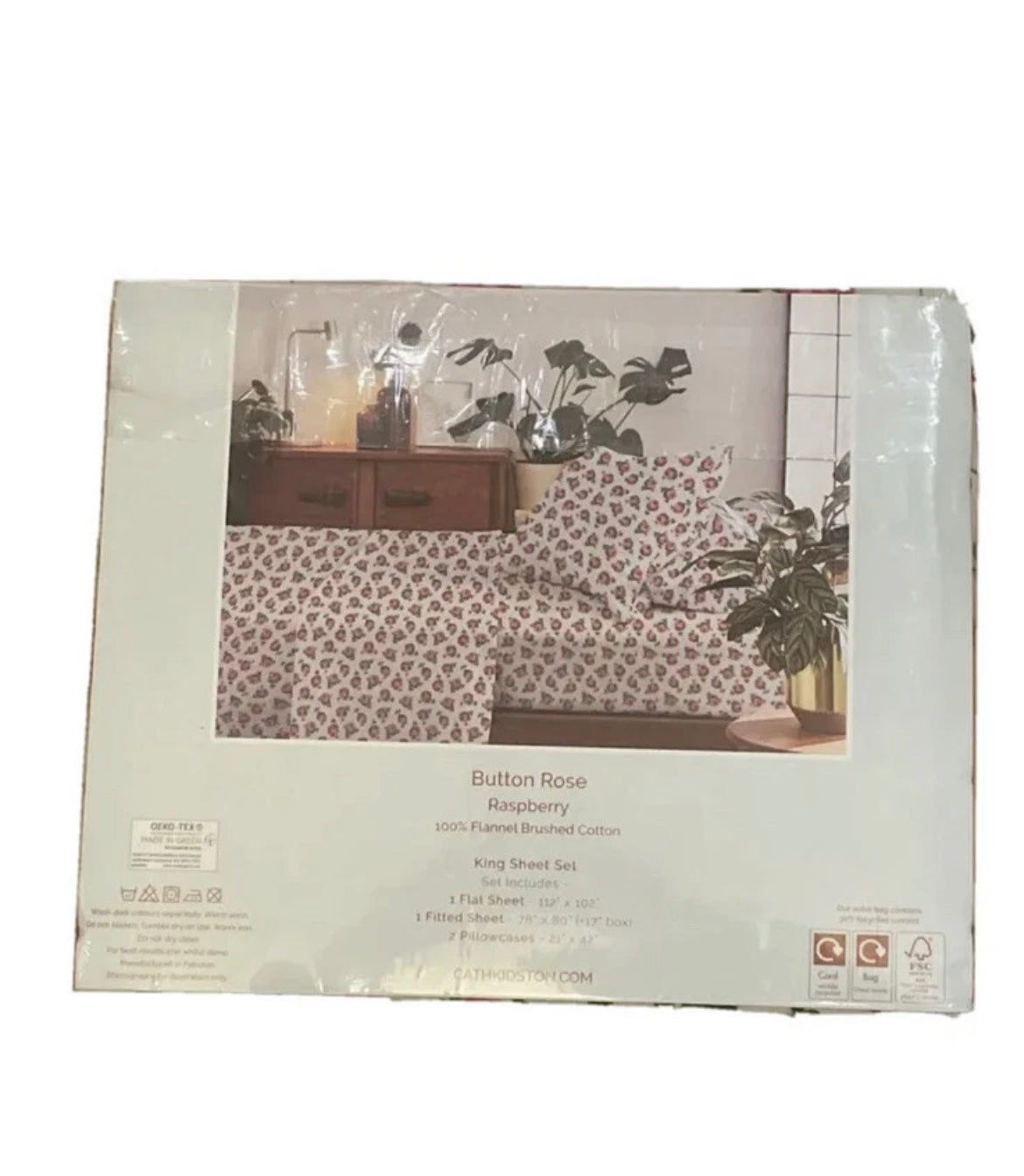 Cath Kidston King Sheet Set Button Rose Raspberry 100% Flannel Brushed Cotton