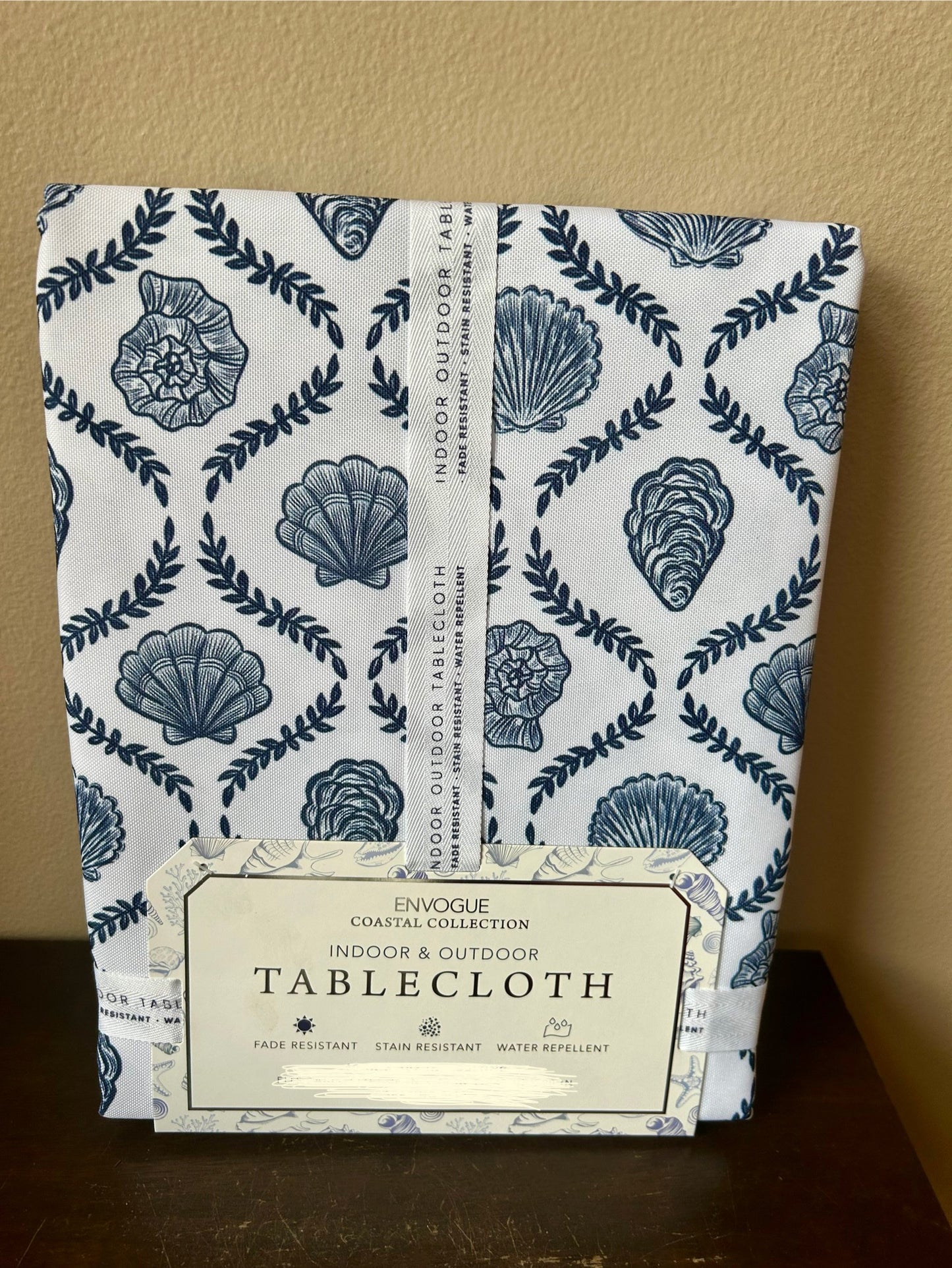 New Envogue Tablecloth Coastal Seashell Blue White Oblong