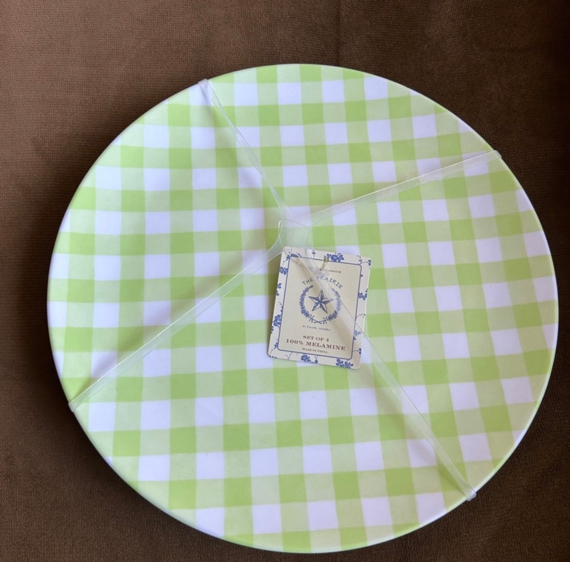 Rachel Ashwell Melamine Dinner plates plaid spring Easter Set of 4 Green White
