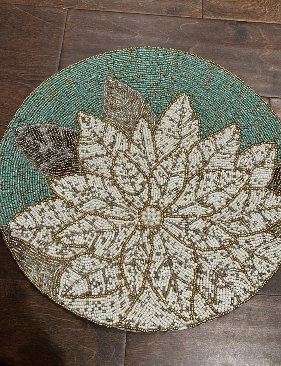 Nicole Miller Christmas Holiday Poinsettia Beaded 14" Charger Placemat set of 2