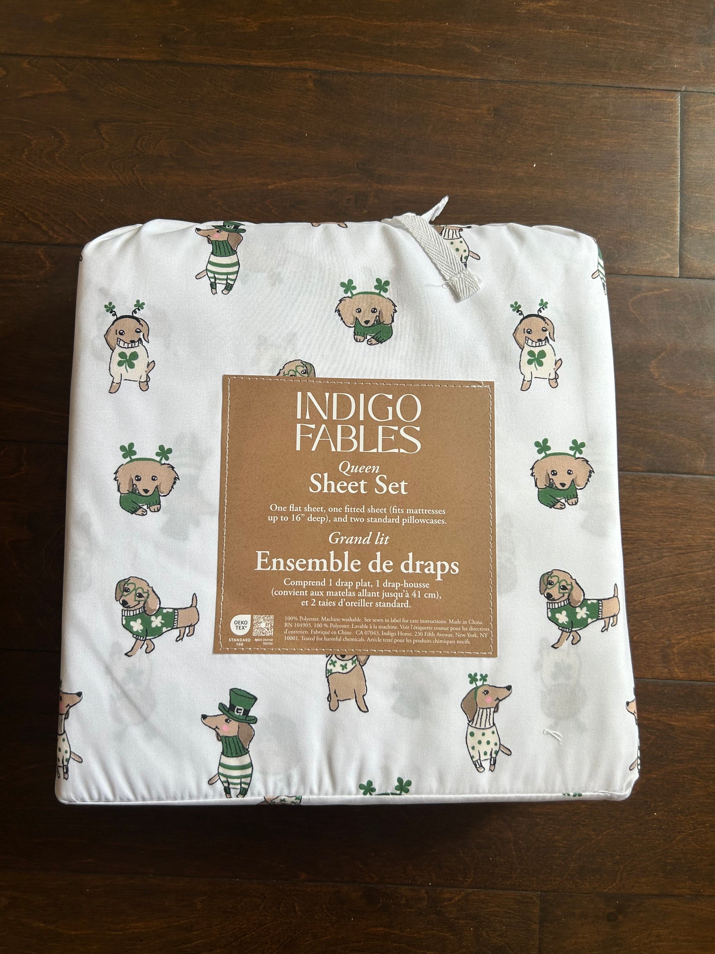 Indigo Fables Queen Sheet Set Leprechaun Dogs St Patrick’s New Daschund