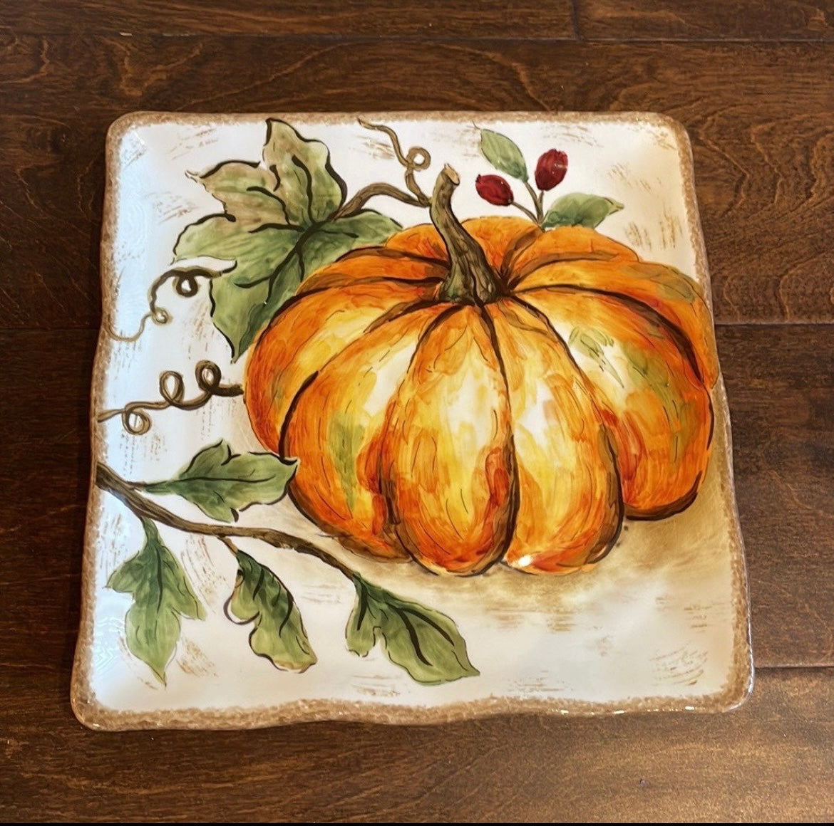 Maxcera Pumpkin Fall Leaves 6 Salad Plates Ceramic Square