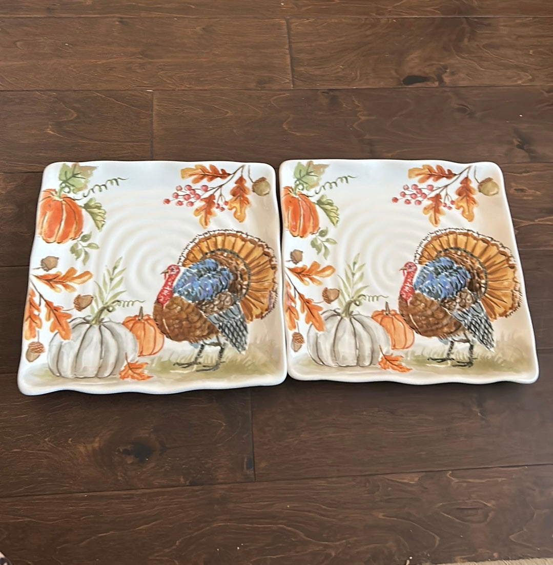 Maxcera Turkey Fall Thanksgiving Set Of 2 Dinner Plates Ceramic Square