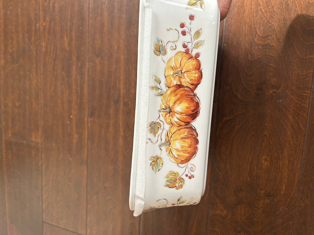 Grace Pantry Pumpkins Rectangular Porcelain Casserole Baking Dish & Lid New