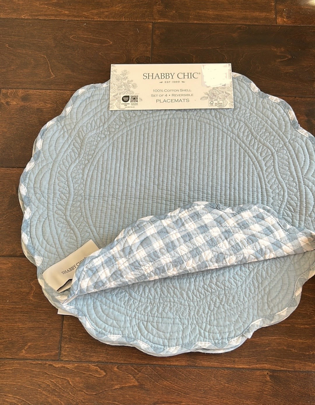 Shabby Chic 4 Scalloped Gingham Reversible Plaid Blue Quilted Placemats New