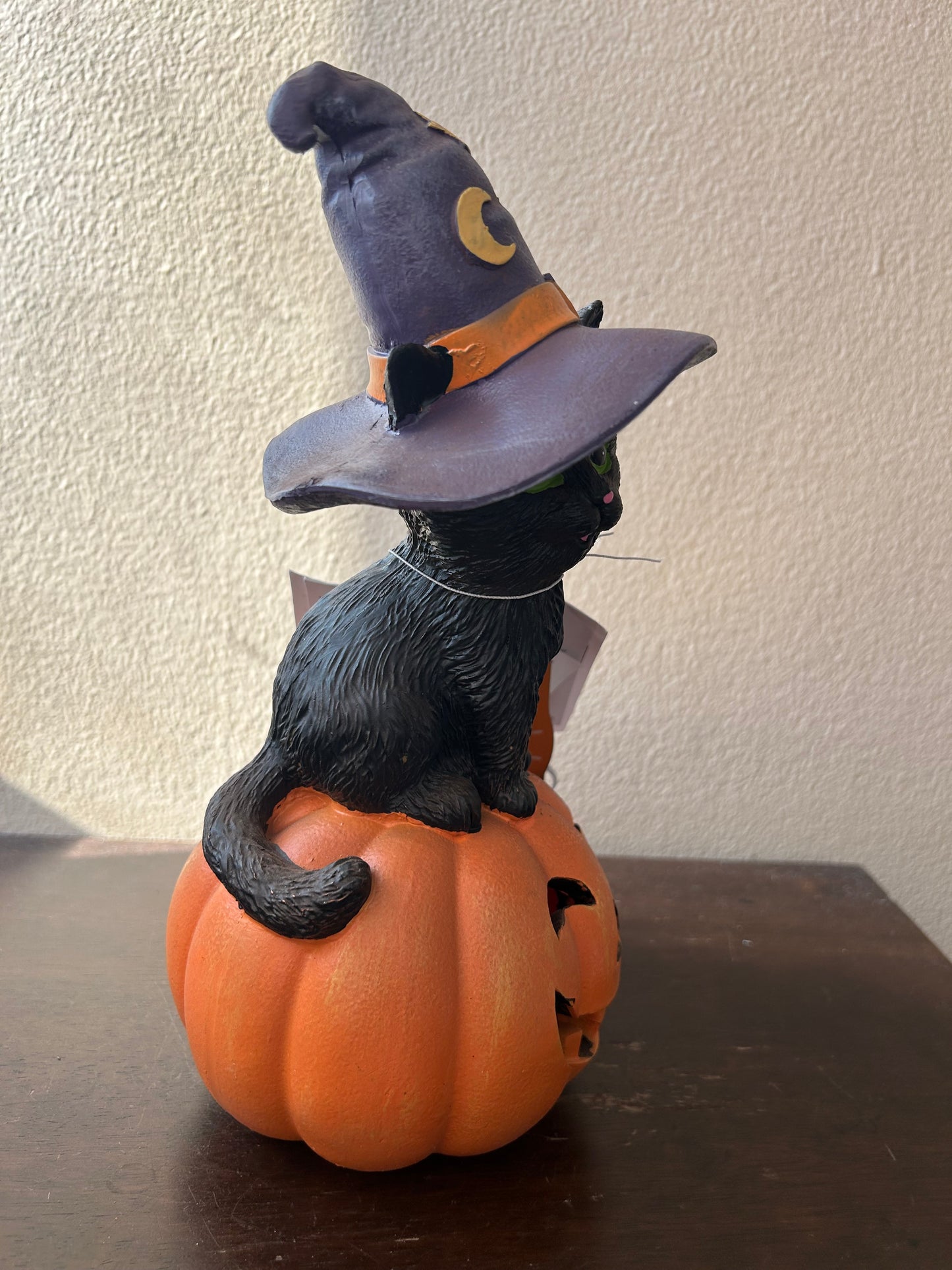 New Halloween LED Light Up Witch Cat On Pumpkin Figurine kitty black new 10”