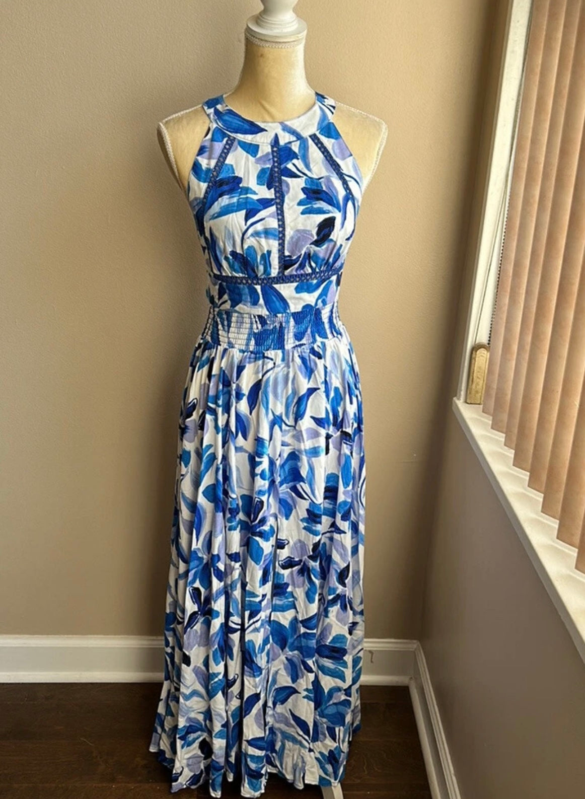 Abel the Label Anthropologie Rumi Maxi Dress NWT White Blue  Sexy Back