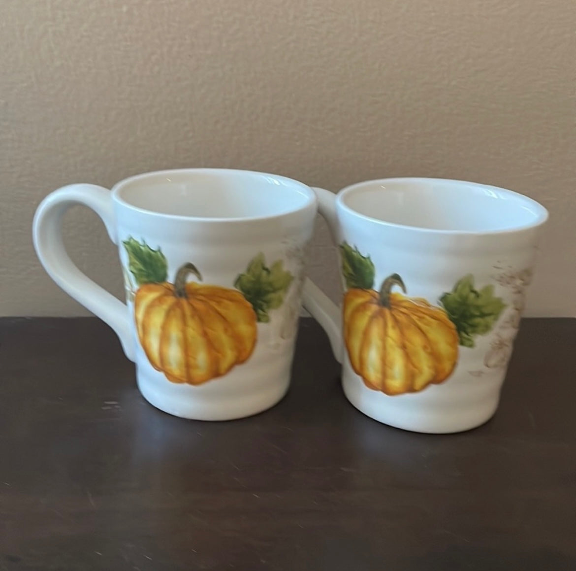 Set Of 4 Pumpkin Fall Coffee Mugs Cups New Thanksgiving Leaves Ceramic
