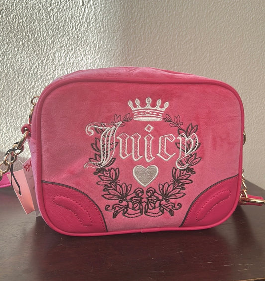 Juicy Couture Pink Flash Heritage Crossbody Bag Pink Velour NWT Crown Heart