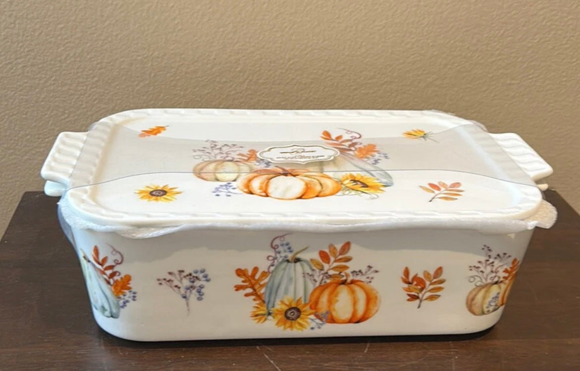 Grace Pantry Pumpkins Rectangular Porcelain Casserole Baking Dish & Lid New