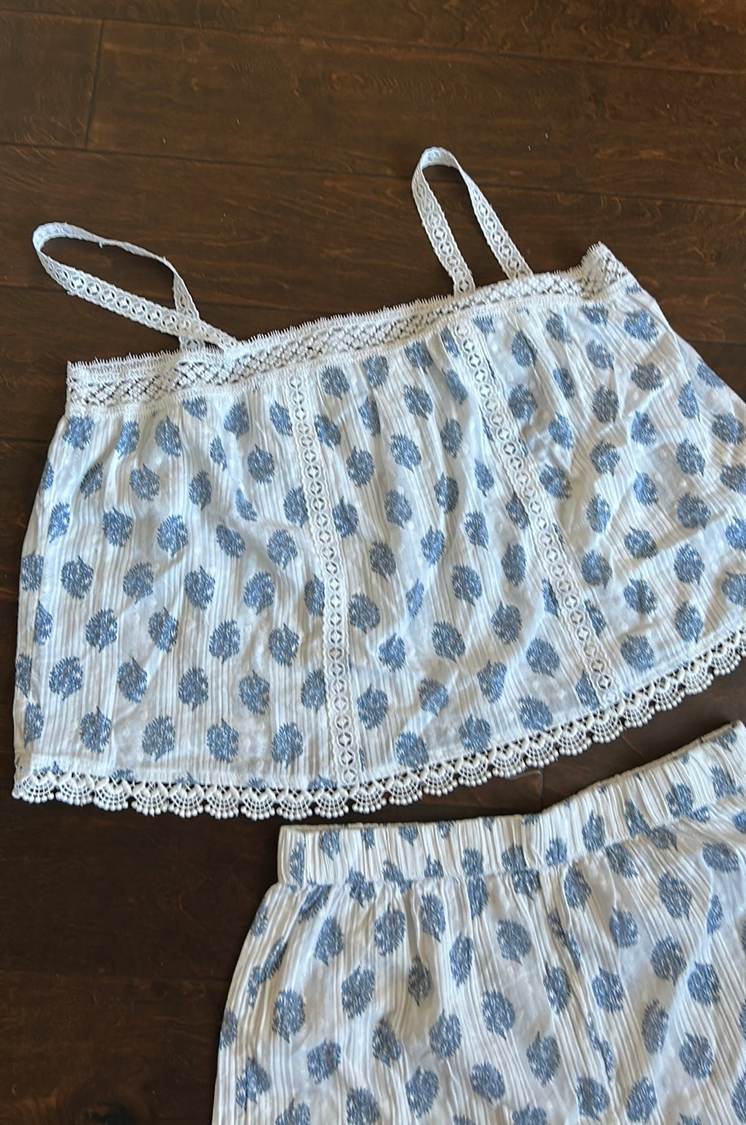 Rachel Zoe Womens 2 Pc Pajama Set Floral Cotton Lace Blue New Top Shorts Sz S