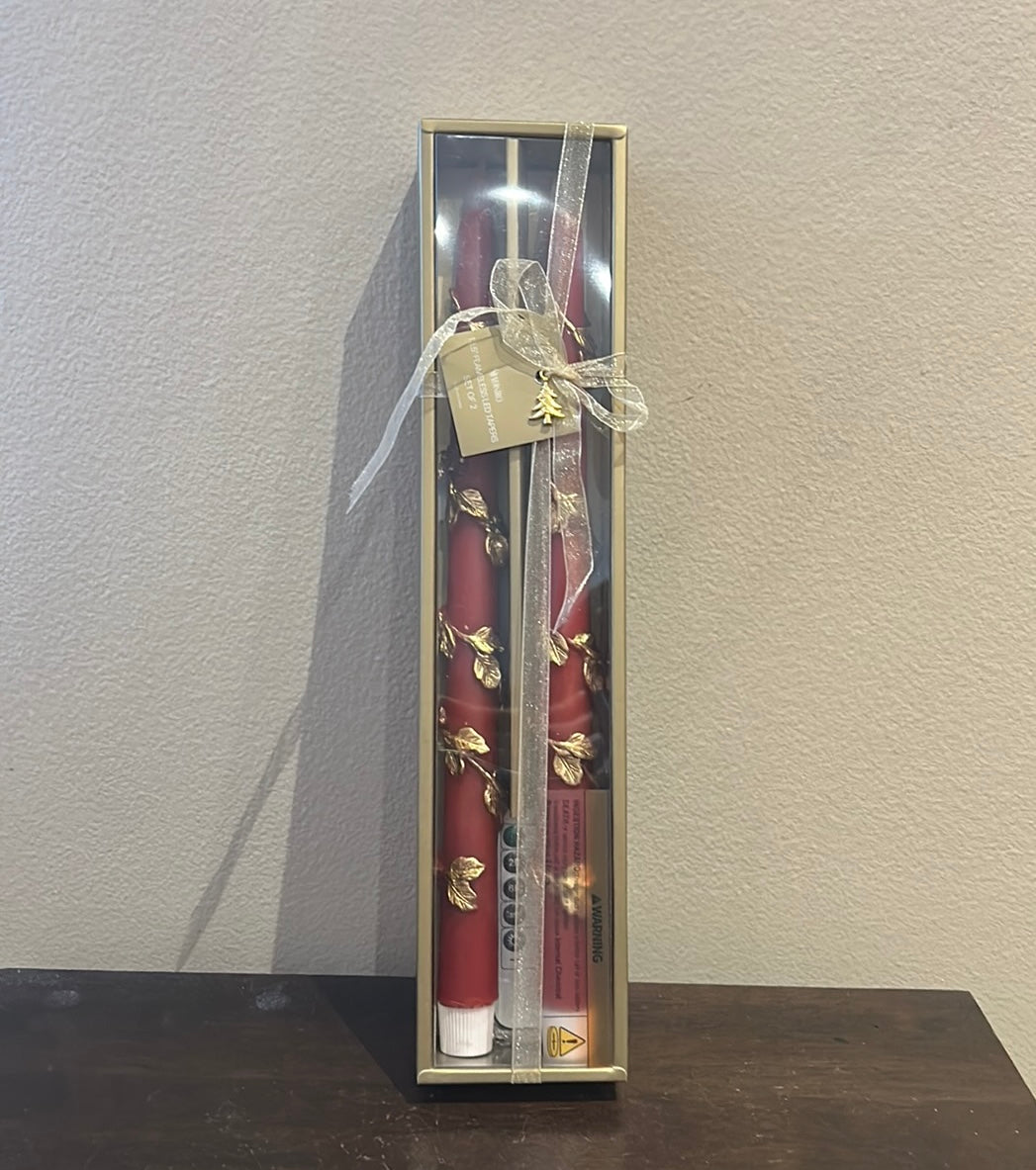New Set Of 2 Flameless Taper Candles Red Gold Christmas 13.5”