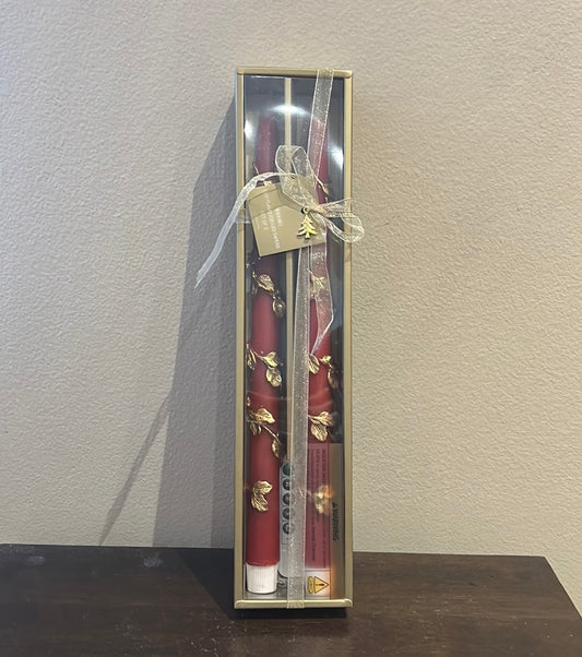 New Set Of 2 Flameless Taper Candles Red Gold Christmas 13.5”