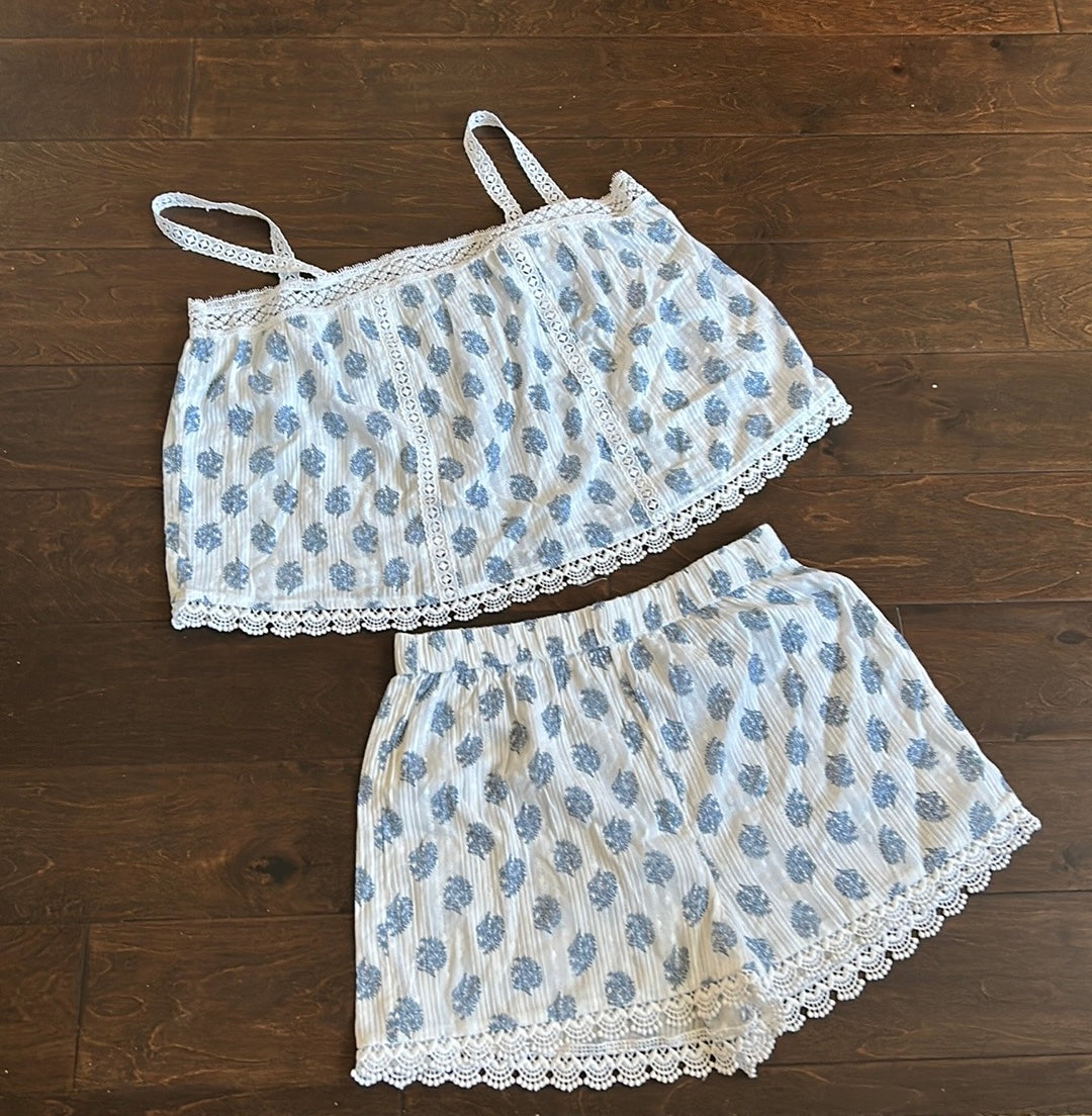 Rachel Zoe Womens 2 Pc Pajama Set Floral Cotton Lace Blue New Top Shorts Sz S