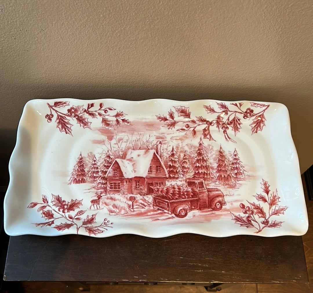 Maxcera vintage style Christmas serving Platter Red Truck Holly Berries Cabin