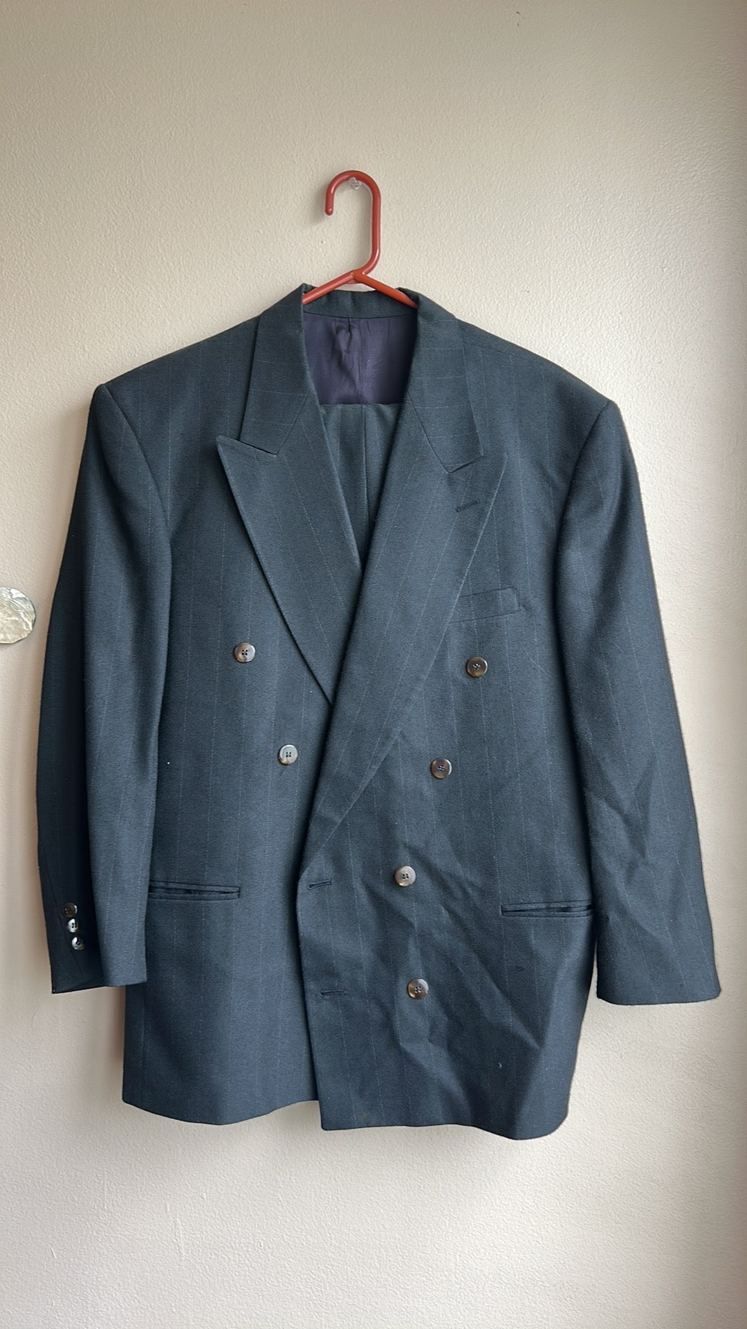 Cezar Del Prado Men’s 2 Pc Suit Striped Sz 42 Double Breasted Black Made Spain