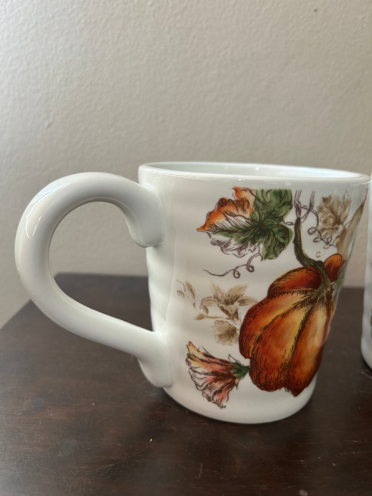Set Of 2 Pumpkin Fall Coffee Mugs Cups New Thanksgiving Leaves Ceramic