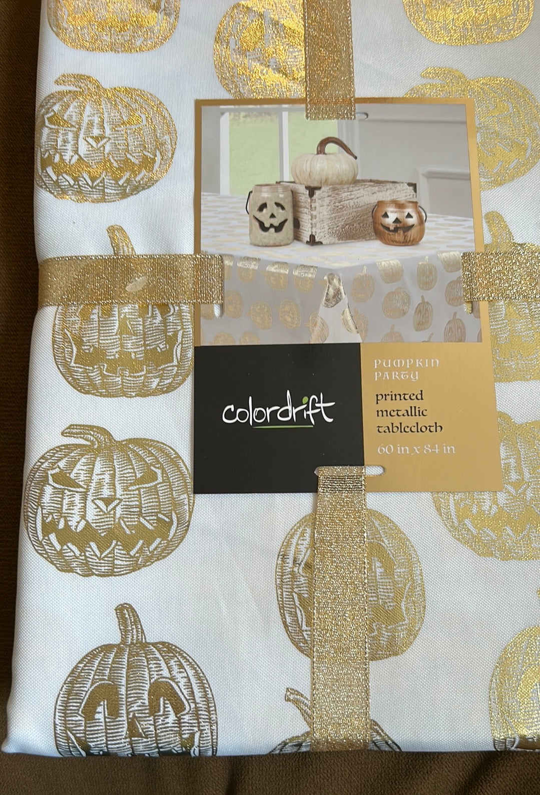 Colordrift Fall Pumpkin Tablecloth off White Gold New 60”x 84” Halloween