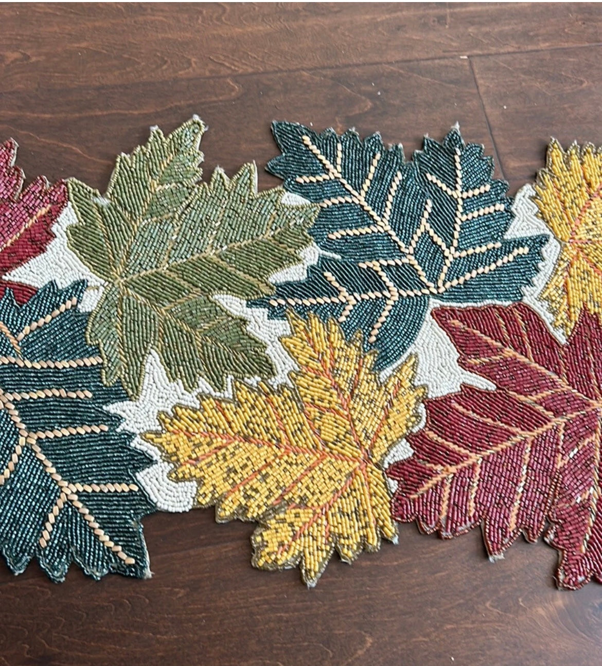 Tahari Home  Fall Beaded Table Runner Leaves  Embroidered Thanksgiving New