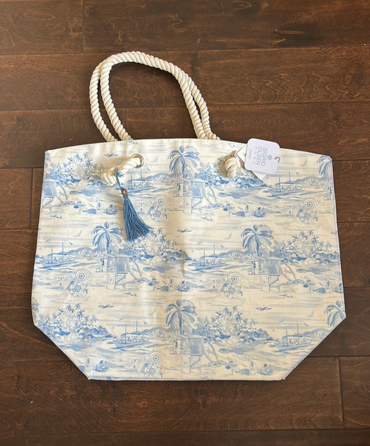 Sigrid Olsen Beach bag NWT  Canvas New Blue White Palm Trees Beach Scene Boats