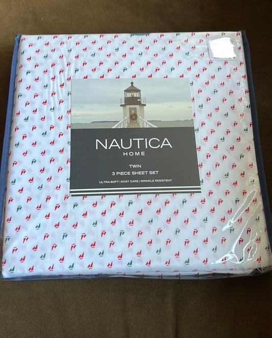 Nautica Home Twin sheet Set Nautical Christmas Red Green Sailboats