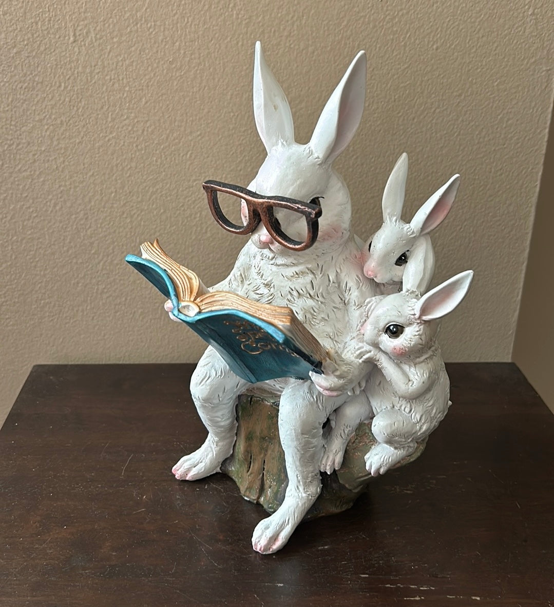 New Easter Bunny Reading Story Book To Baby Bunnies Figurine 11”