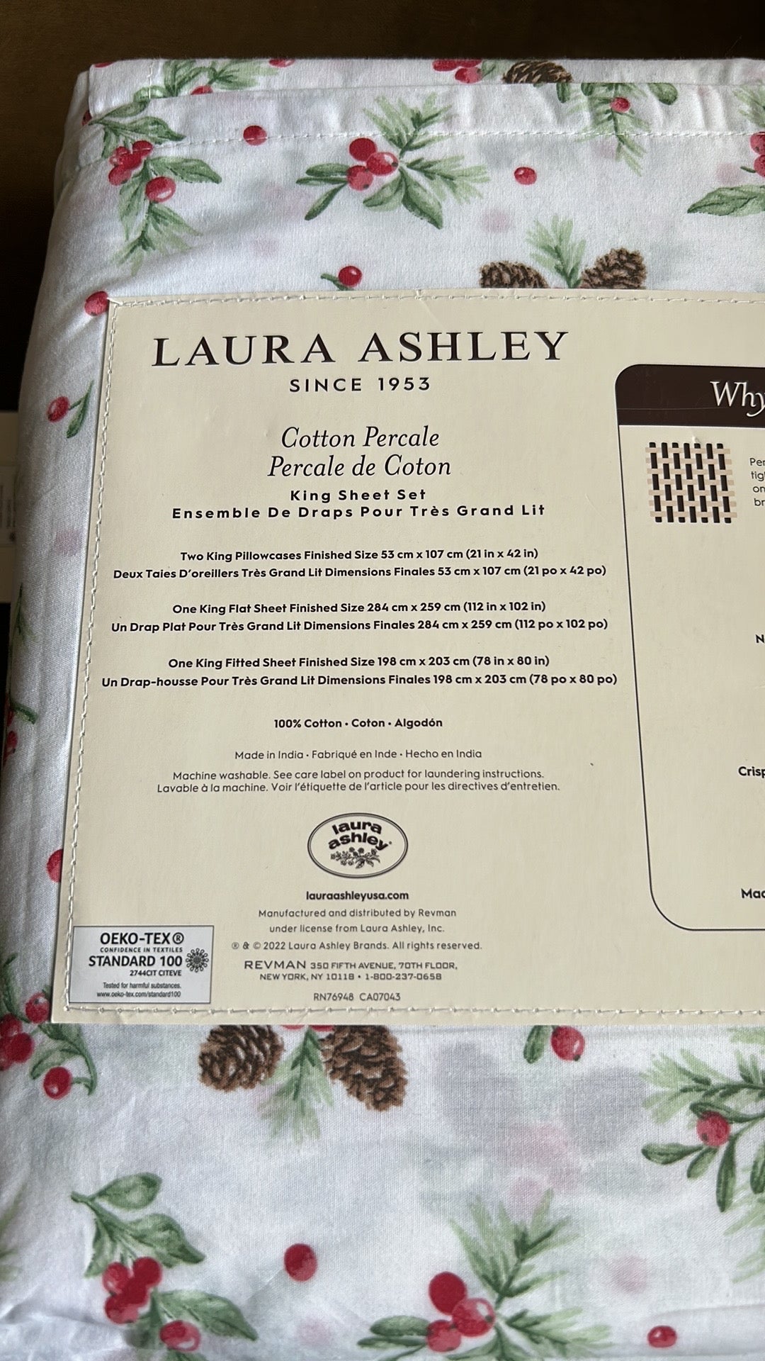 Laura Ashley Cotton Percale Christmas Holly Berries Pinecone  King sheet set new