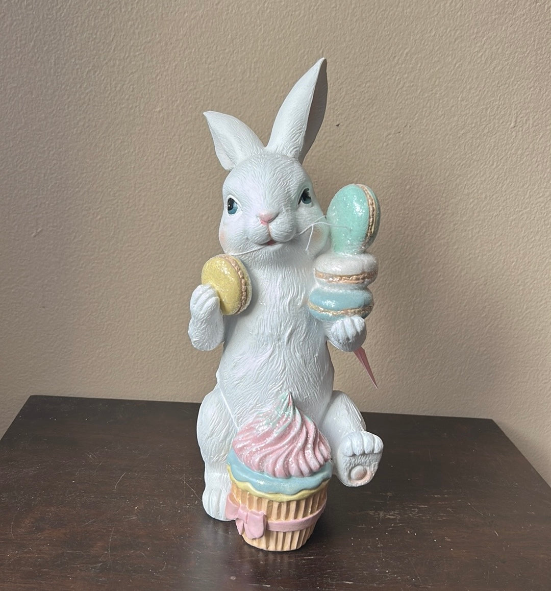 New Bunny Rabbit With Pastel Macaroons & Cupcake Tabletop White Easter 11 3/4”