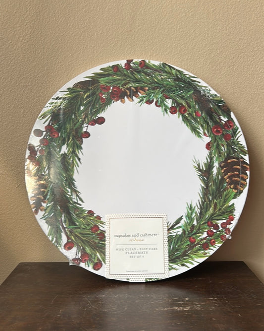 Cupcakes & Cashmere Set Of 4 Placemats Cork Christmas Wreath Holly Berries New