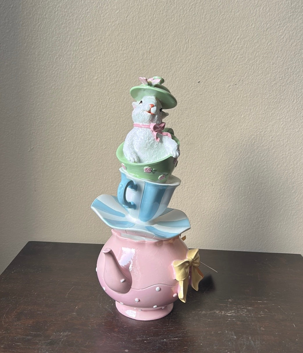 Bella Lux Bunny In Stacked Teapot Teacups Easter Spring 10” Tall New Pastel
