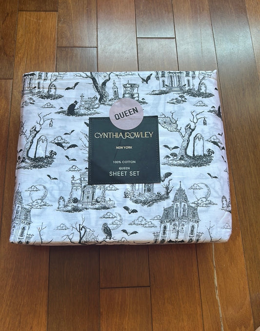 CYNTHIA ROWLEY New Halloween Haunted Toile Black White Queen Sheet Set 4PC
