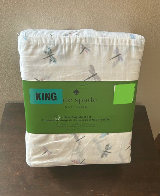 NEW KATE SPADE King  Sheet Set 4 Pc Colorful Dragonflies Cotton Percale