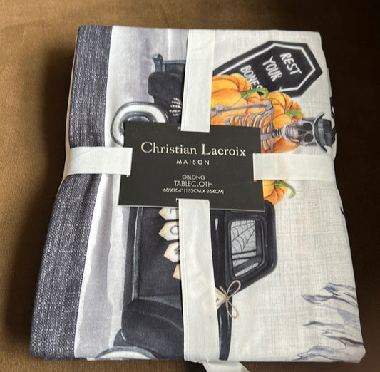 Christian lacroix Halloween Tablecloth Skeleton In Pumpkin Truck New 60”x104”