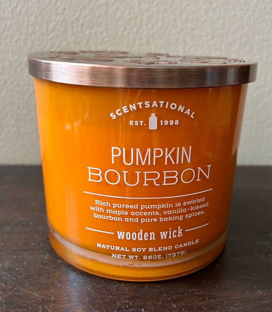 Scentsational Pumpkin Bourbon Candle  Glass Jar 26oz Wood Wick Soy Wax Blend