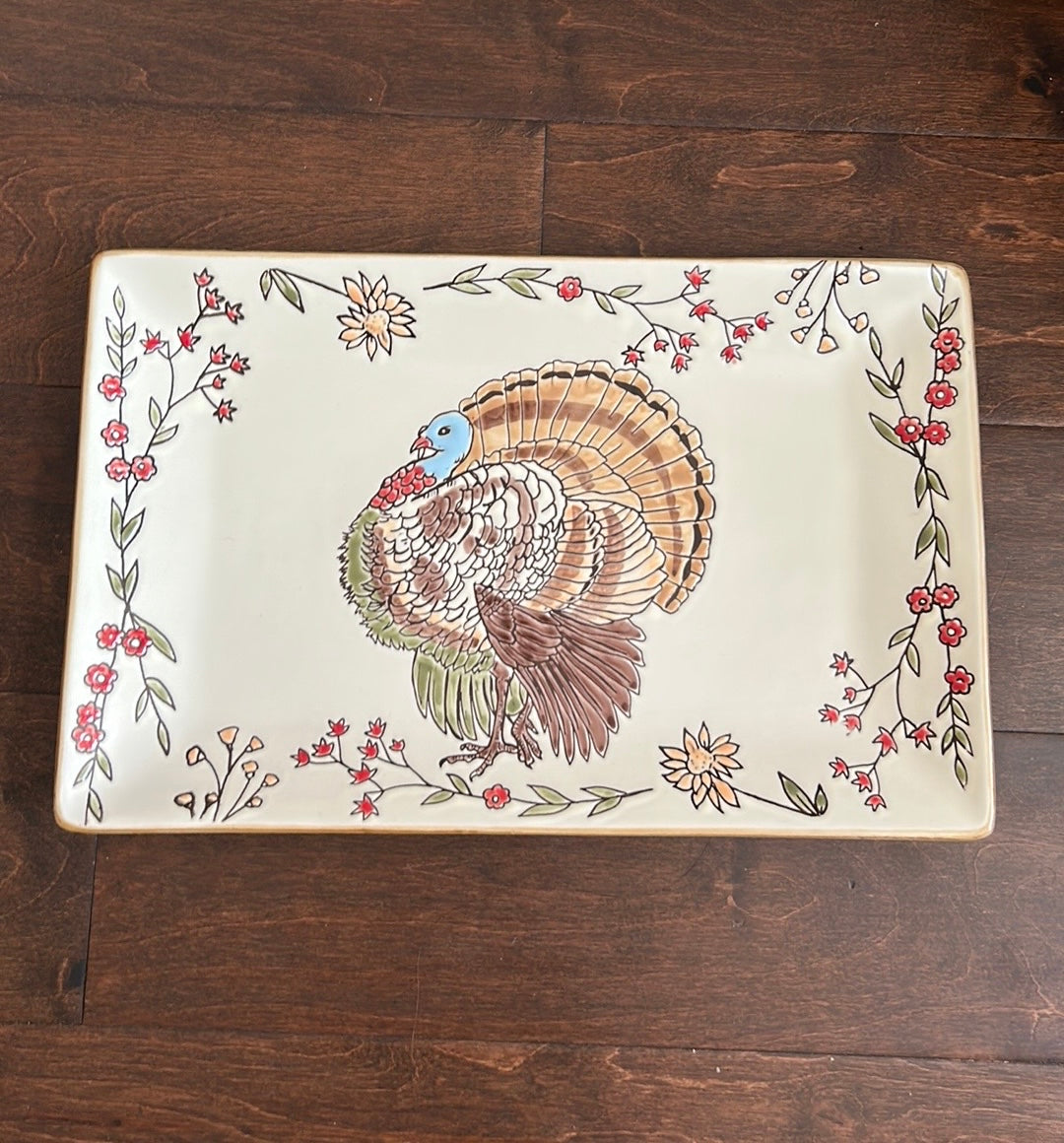 Eli & Ana Turkey Print Ceramic Platter Floral Thanksgiving Fall New