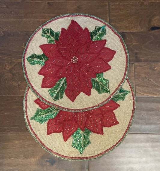 2 Cynthia Rowley Christmas Poinsettia Beaded Round 15" Charger Placemat NEW
