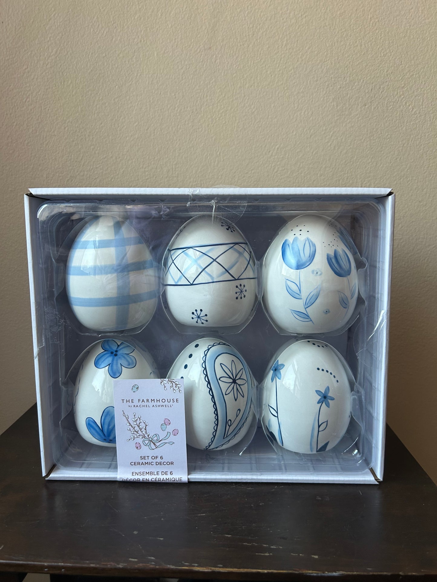 Rachel Ashwell Easter Eggs Set Of 6 Blue Floral Butterflies New Ceramic