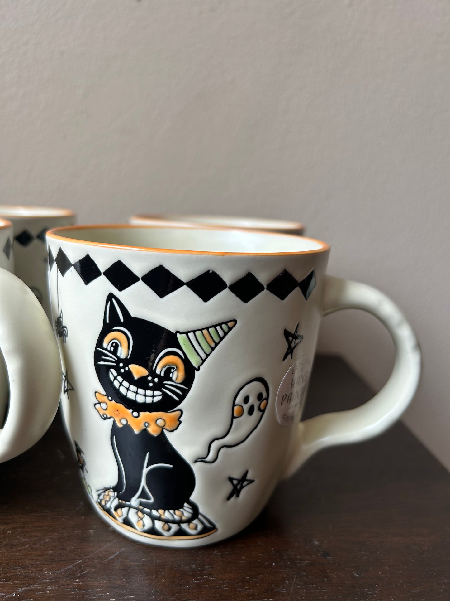 New Eli & Ana Set of 4 Coffee Mugs Halloween Cat Ghosts Spider Handpainted