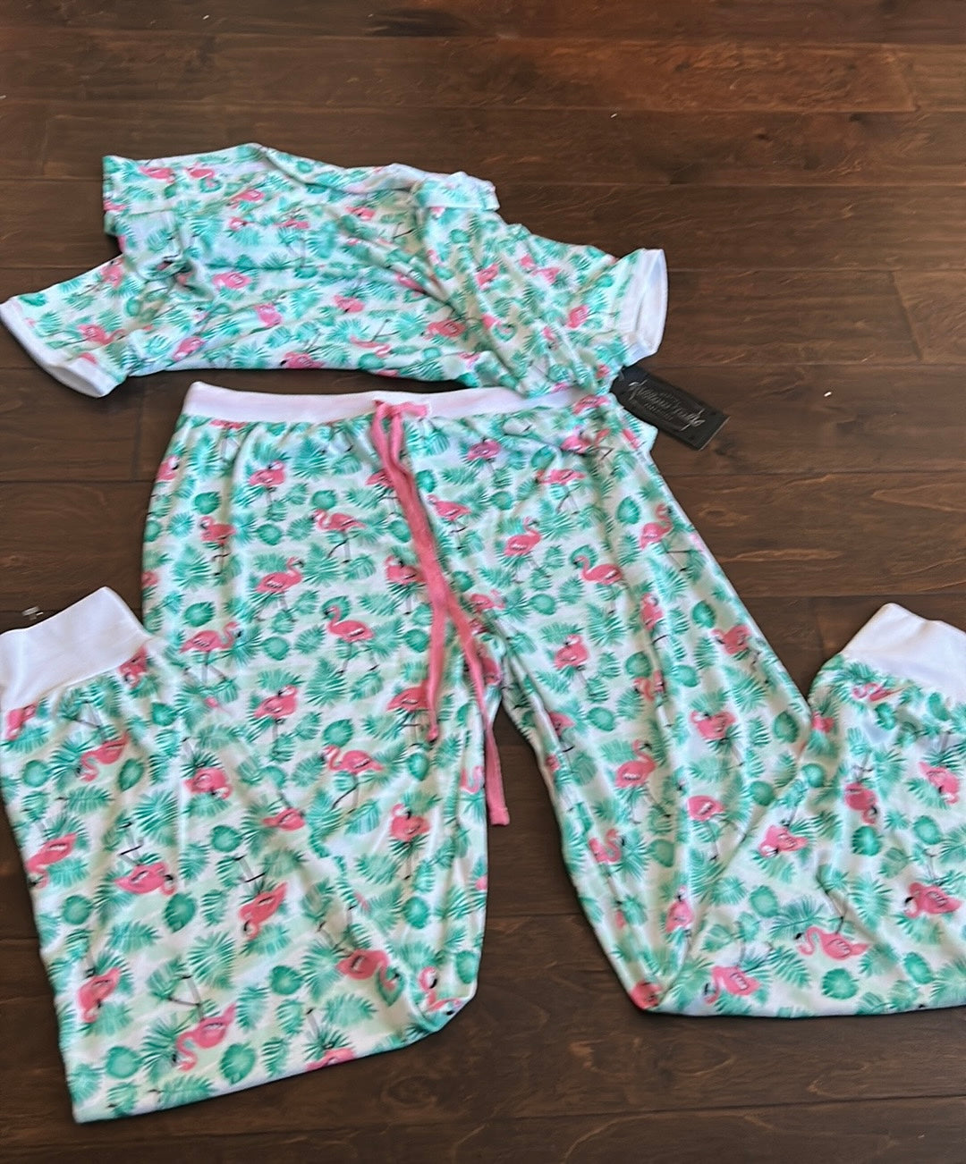 Pillow Talk 2 Pc Pajama Set New Flamingoes Tropical Palm Fronds New