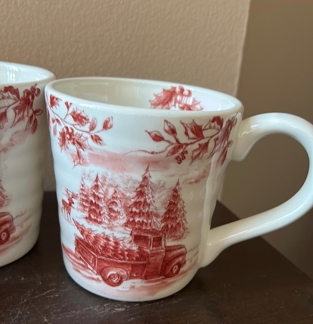 Maxcera set of 3 Christmas Mugs New Red Truck Ceramic Vintage Look