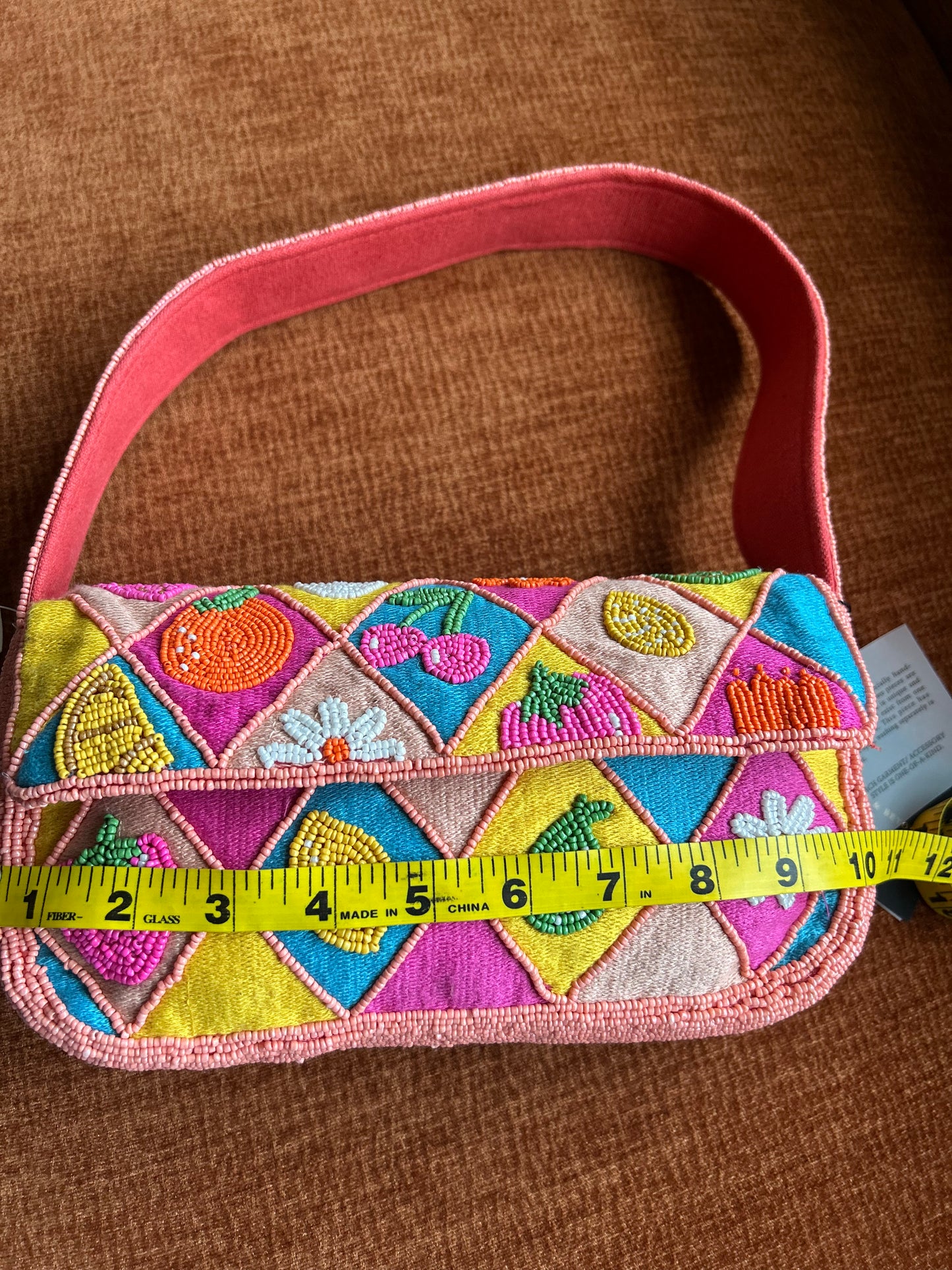 America & Beyond Beaded Pink Colorful Fruit Floral Shoulder Bag New