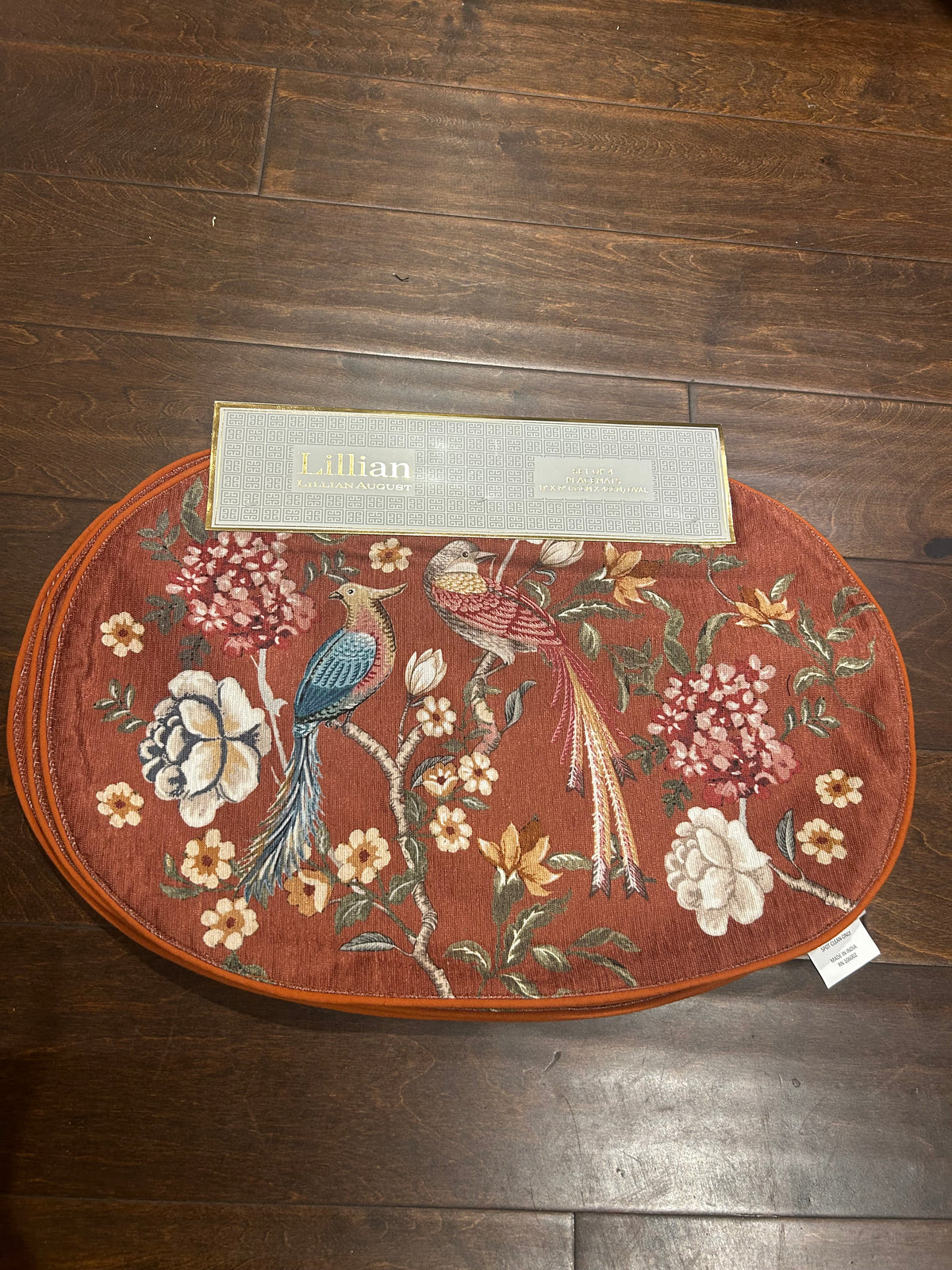 Lillian August New Set Of 4 Placemats Fall Thanksgiving Floral Birds