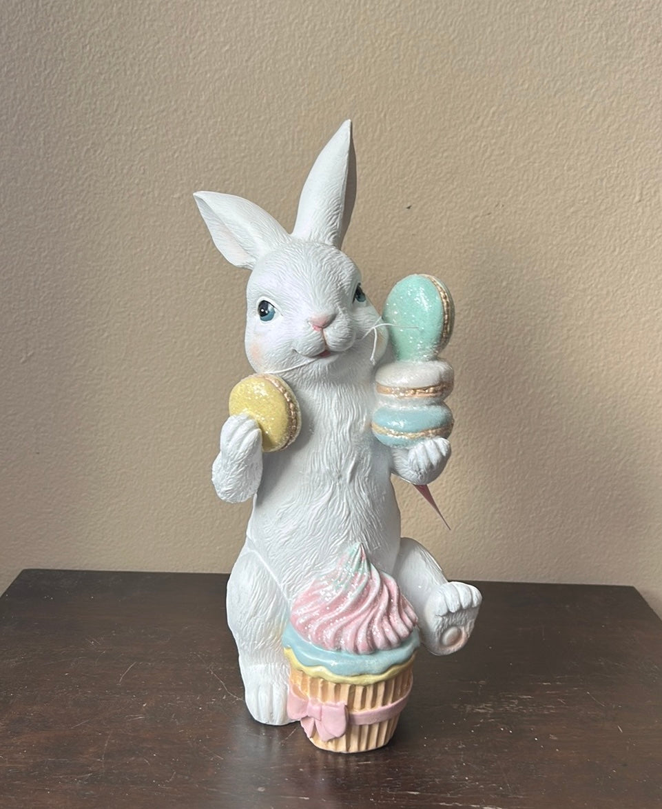 New Bunny Rabbit With Pastel Macaroons & Cupcake Tabletop White Easter 11 3/4”