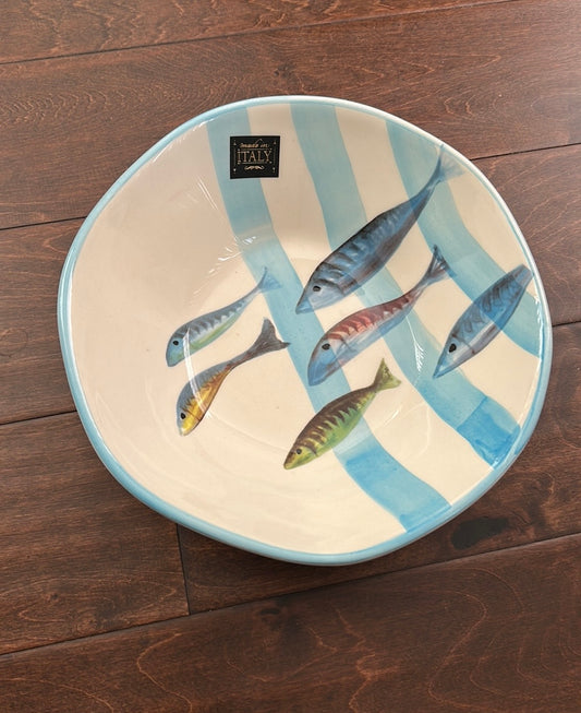 Effetti New Salad Serving Bowl 10” Fishes Stripes Tropical Ceramic