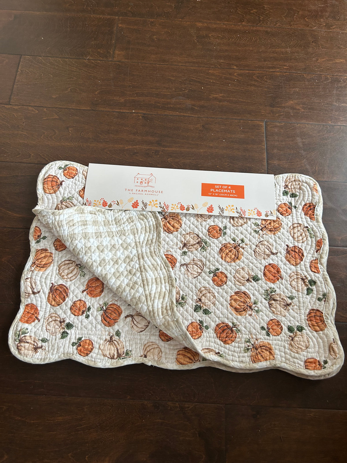 Rachel Ashwell Quilted Placemats set Of 4 New Fall Autumn Pumpkins Plaid